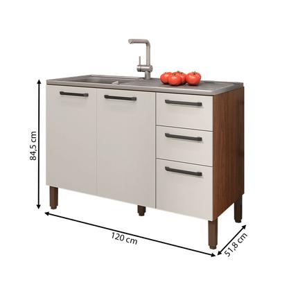 Imagem de Balcão de Cozinha para Pia 120 Cm Mad Versalhes 3 Portas 2 Gavetas Nogueira/Off White - Kits Paraná