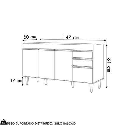 Imagem de Balcão de Cozinha Para Pia 150cm 4 Portas Sem Tampo Marrocos Cinza Claro - Lumil
