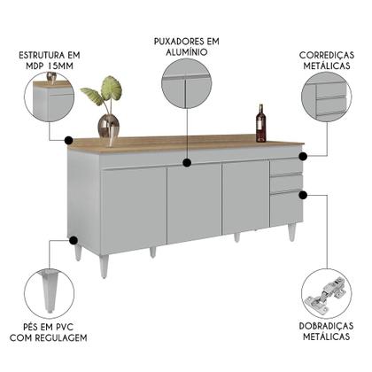 Imagem de Balcão de Cozinha Para Pia 180cm com Tampo 4 Portas Dallas Cinza Claro/Castanho - Lumil