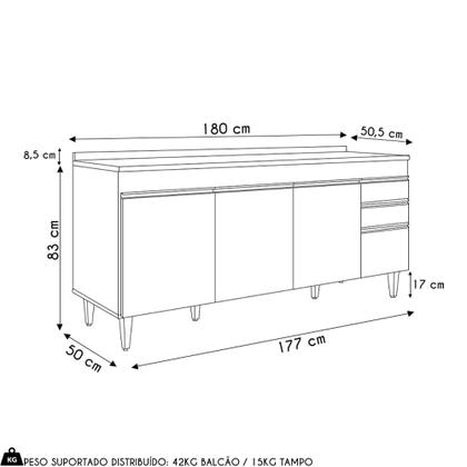 Imagem de Balcão de Cozinha Para Pia 180cm com Tampo 4 Portas Dallas Cinza Claro/Castanho - Lumil