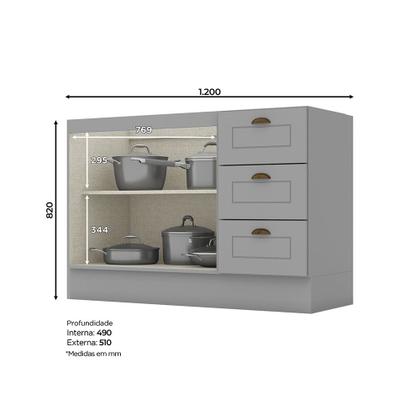 Imagem de Balcão de Cozinha Pia 120 Cm 3 Gavetas 2 Portas Americana Henn