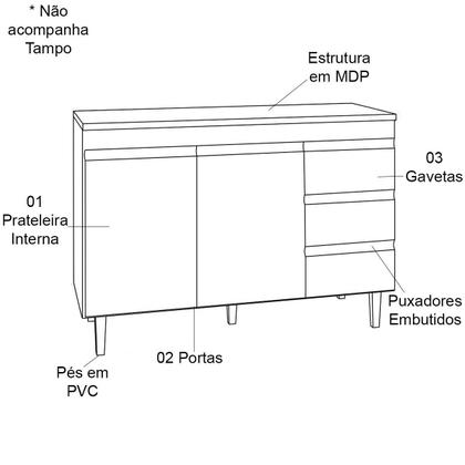 Imagem de Balcão de Pia 100 cm Adriana 2 Portas 3 Gavetas