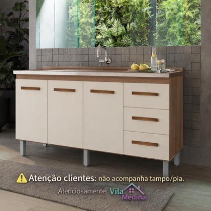 Imagem de Balcão de Pia 150 Cm Diana Cozinha Gabinete Armário 3 Portas 3 Gavetas Savana Off White Moblis