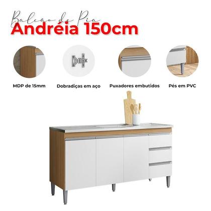 Imagem de Balcão de Pia 150cm e Armário Aéreo Andreia Amêndoa Branco - AJL