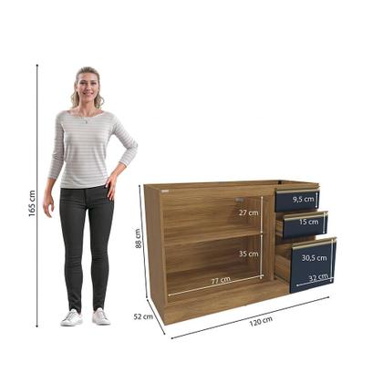 Imagem de Balcão de Pia Celeste Kappesberg 100% MDF 2 Portas 3 Gavetas Nogueira/Azul 120cm