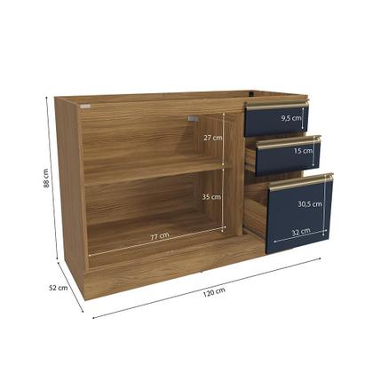 Imagem de Balcão de Pia Celeste Kappesberg 100% MDF 2 Portas 3 Gavetas Nogueira/Azul 120cm