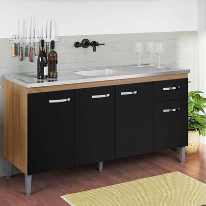 Imagem de Balcão de Pia Cozinha 4 Portas Gabriela 150 cm Amendoa Preto Sem Tampo AJL Móveis