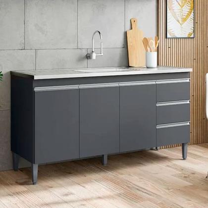 Imagem de Balcão de Pia Cozinha Andréia 150 cm 3 Portas Cinza Fosco 1974 Sem Tampo AJL Móveis