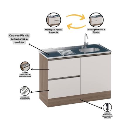 Imagem de Balcão de Pia Deslocada 1 Portas 3 Gavetas (Sem Tampo) 120cm Etna - SSX Multicoisas
