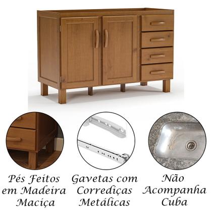 Imagem de Balcão de Pia para Cozinha 120 cm 2 Portas 4 Gavetas Frida