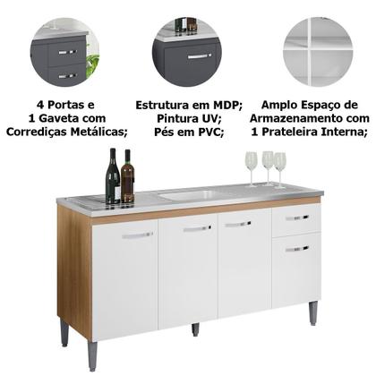 Imagem de Balcão de Pia para Cozinha 150 cm Graziela 4 Portas 1 Gaveta