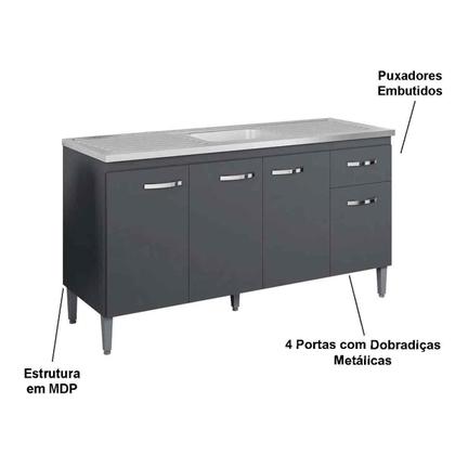 Imagem de Balcão de Pia para Cozinha 150 cm Graziela 4 Portas 1 Gaveta