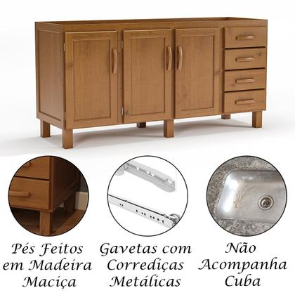 Imagem de Balcão de Pia para Cozinha 160 cm 3 Portas 4 Gavetas Frida