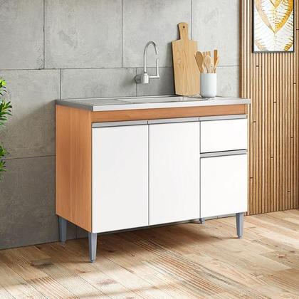 Imagem de Balcão de Pia Tatiane 100cm e Armário Aéreo Andréia 3 Portas Amêndoa Branco - AJL