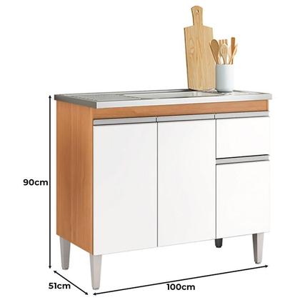 Imagem de Balcão de Pia Tatiane 100cm e Armário Aéreo Andréia 3 Portas Amêndoa Branco - AJL