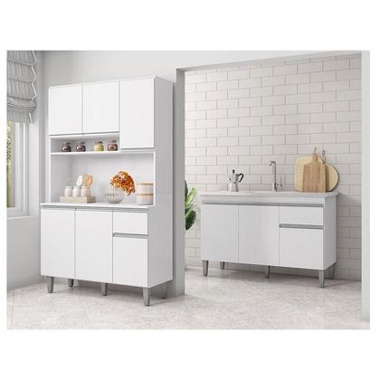 Imagem de Balcão de Pia Tatiane 120 cm e Armário Cozinha Kit Márcia Branco Brilho - AJL