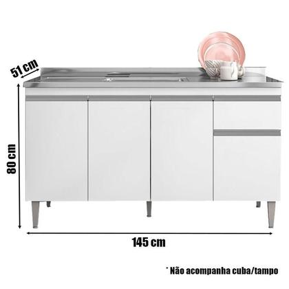 Imagem de Balcão de Pia Tatiane 145 cm e Armário Aéreo Andréia 3 Portas 120 cm Branco Brilho - AJL