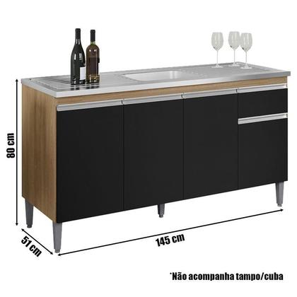 Imagem de Balcão de Pia Tatiane 145 cm e Armário Aéreo Andreia 4 Portas 160 cm Amêndoa Preto  AJL