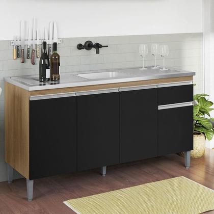 Imagem de Balcão de Pia Tatiane 145 cm e Armário Aéreo Andreia 4 Portas 160 cm Amêndoa Preto  AJL