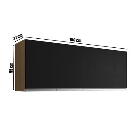 Imagem de Balcão de Pia Tatiane 145 cm e Armário Aéreo Andreia 4 Portas 160 cm Amêndoa Preto  AJL