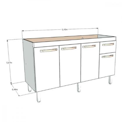 Imagem de Balcão Flat De Cozinha Para Pia 4 Portas 1 Gaveta 1,43 Branco Com Preto