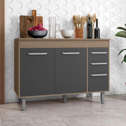 Imagem de Balcão Flex Com 3 Portas e 2 Gavetas Sem Tampo Barcelona Cor Carvalho Oak Grafite Poliman Móveis