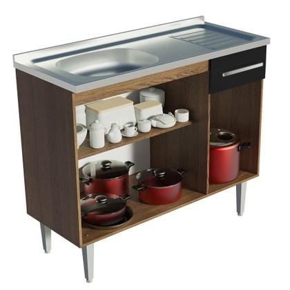 Imagem de Balcão Gabinete com Pia Armário de Cozinha 3 Portas e 1 Gaveta 105cm Rustic/Preto Emilly Madesa