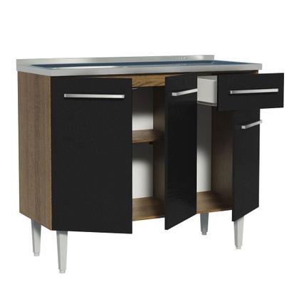 Imagem de Balcão Gabinete com Pia Armário de Cozinha 3 Portas e 1 Gaveta 105cm Rustic/Preto Emilly Madesa