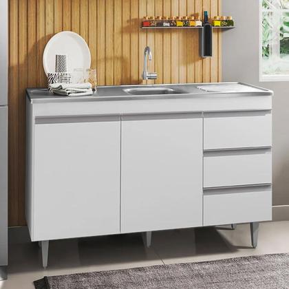 Imagem de Balcão Gabinete com Pia Inox 120cm 2 Portas 3 Gavetas Andréia Branco - AJL Móveis
