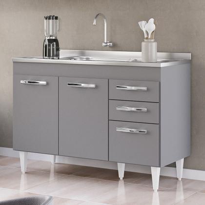 Imagem de Balcão Gabinete com Pia Inox 120cm 3 Portas 2 Gavetas Suécia Cinza - Lumil