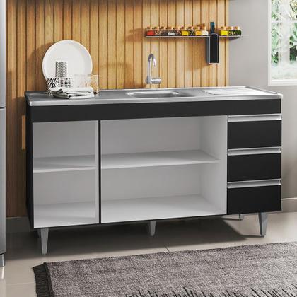 Imagem de Balcão Gabinete com Pia Inox 150cm 3 Portas 3 Gavetas Andréia Preto Total - AJL Móveis