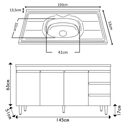 Imagem de Balcão Gabinete com Pia Inox 150cm 3 Portas 3 Gavetas Andréia Preto Total - AJL Móveis