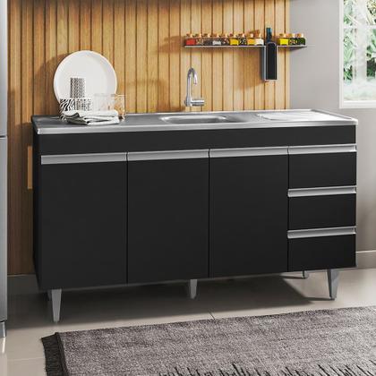 Imagem de Balcão Gabinete com Pia Inox 150cm 3 Portas 3 Gavetas Andréia Preto Total - AJL Móveis