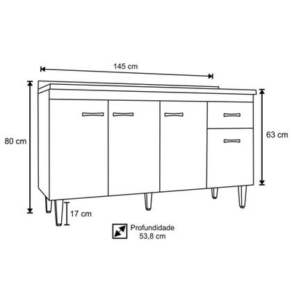 Imagem de Balcão Gabinete Com Pia Inox 150cm 4 Portas Gabriela Branco/Preto - AJL Móveis