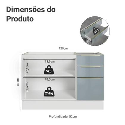 Imagem de Balcão Gabinete de Pia 120 cm 2 Portas 3 Gavetas (Sem Tampo) Branco/Cinza Lux Madesa