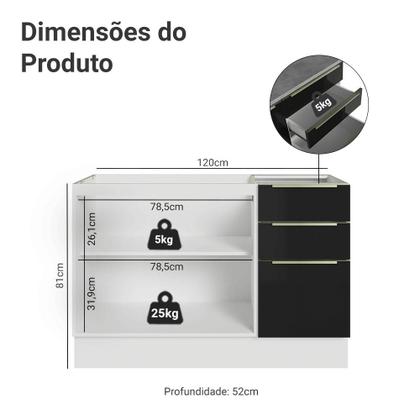 Imagem de Balcão Gabinete de Pia 120 cm 2 Portas 3 Gavetas (Sem Tampo) Lux Madesa