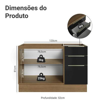 Imagem de Balcão Gabinete de Pia 120 cm 2 Portas 3 Gavetas (Sem Tampo) Rustic/Preto Lux Madesa