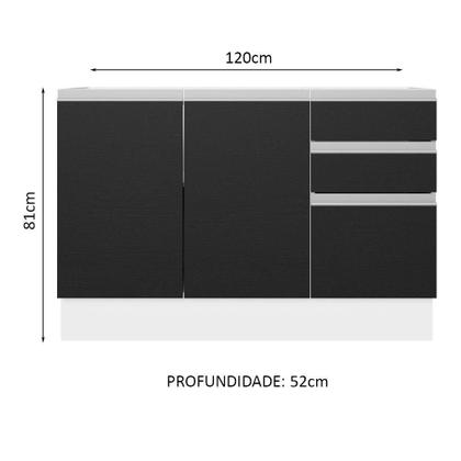 Imagem de Balcão Gabinete de Pia Armário de Cozinha 100% MDF 120 cm 3 Portas 2 Gavetas Branco/Preto Acordes Madesa