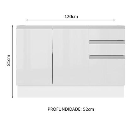 Imagem de Balcão Gabinete de Pia Armário de Cozinha 100% MDF 120 cm 3 Portas e 2 Gavetas Portas Branco Brilho Acordes Madesa