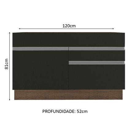 Imagem de Balcão Gabinete de Pia Armário de Cozinha 120 cm 1 Porta 2 Gavetas Rustic/Preto Glamy Madesa