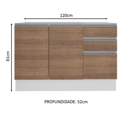Imagem de Balcão Gabinete de Pia Armário de Cozinha 120 cm 2 Portas e 3 Gavetas Branco/Rustic Glamy Madesa