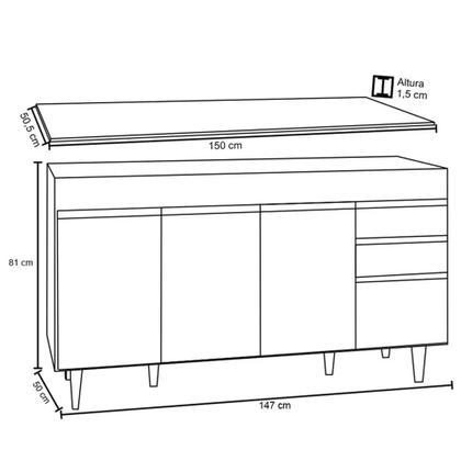 Imagem de Balcão Gabinete de Pia com Tampo 150cm 4 Portas 2 Gavetas Marrocos Branco - Lumil