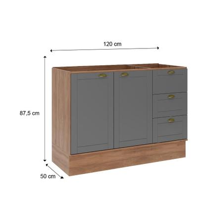 Imagem de Balcão Gabinete De Pia Milla 2 Portas 3 Gavetas Nog/Cinza 120cm Carraro