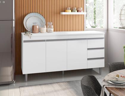 Imagem de Balcão Gabinete de Pia SEM TAMPO 150cm 3 Portas 3 Gavetas Andréia Branco - AJL Móveis