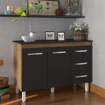 Imagem de Balcão Gabinete Para Pia 118 cm Cozinha Bruna Savana Preto com Tampo Tampão 120 cm Preto