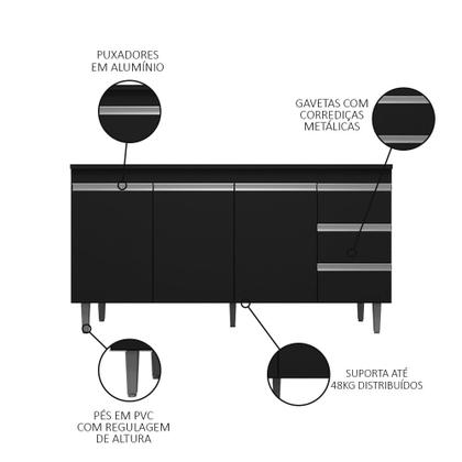 Imagem de Balcão Gabinete Para Pia 160cm com Tampo 3 Portas Andréia Preto - AJL Móveis