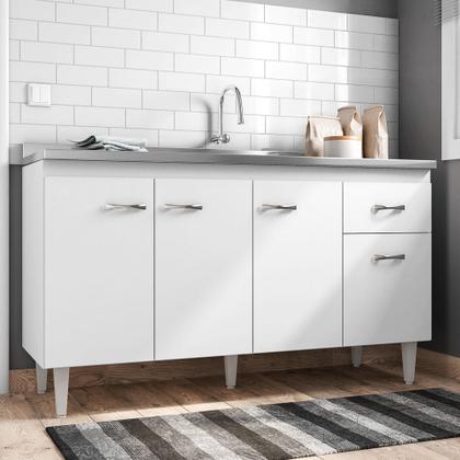 Imagem de Balcão Gabinete Pia Inox 150cm Gabriela 4 Portas Branco/Preto - AJL Móveis