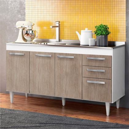 Imagem de Balcão Gabinete Pia Inox 150cm Lisboa 4 Portas Branco/Castanho - Lumil Móveis