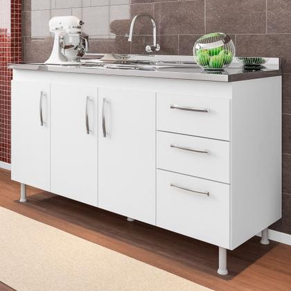 Imagem de Balcão Gabinete Pia Inox 160cm Nathan 3 Portas Branco - Nathy Móveis