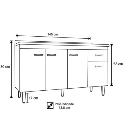 Imagem de Balcão King para Cozinha Gabinete 4 Portas C/ Tampo Branco/Preto Flex